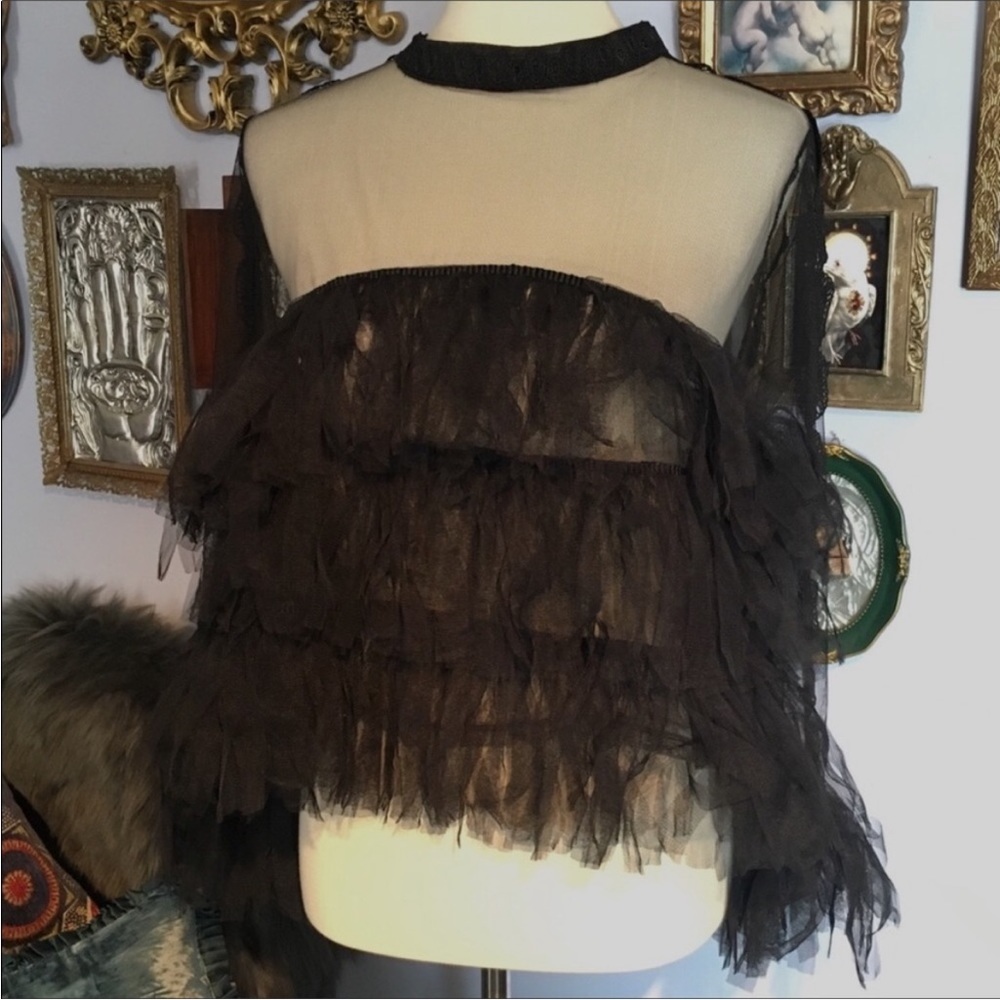 Impulsive Mock Neck Sheer Black Lace & Tulle Top Large